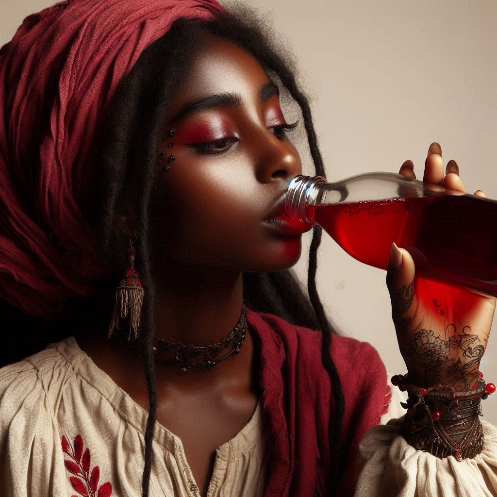 une image IA d'une femme qui déguste du bissap dans une bouteille en verre