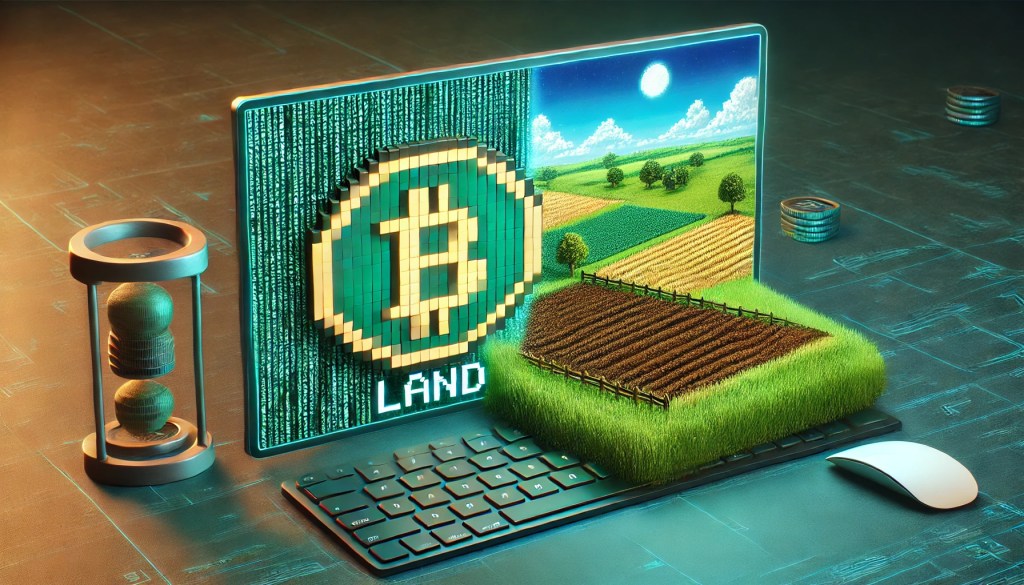 Here's the image depicting blockchain integration, with a pixelated "land" token on a screen and the actual landscape beside it.