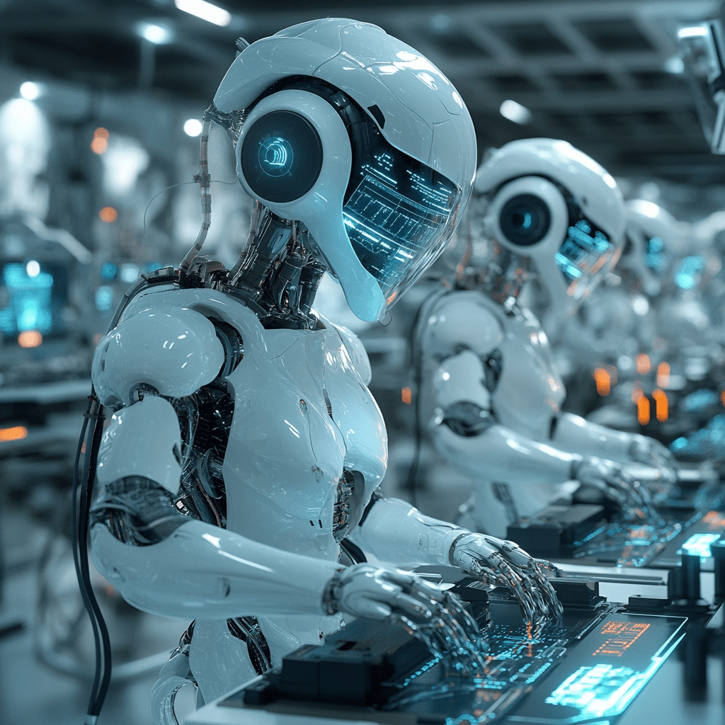 White robots writing on futurist keyboards 