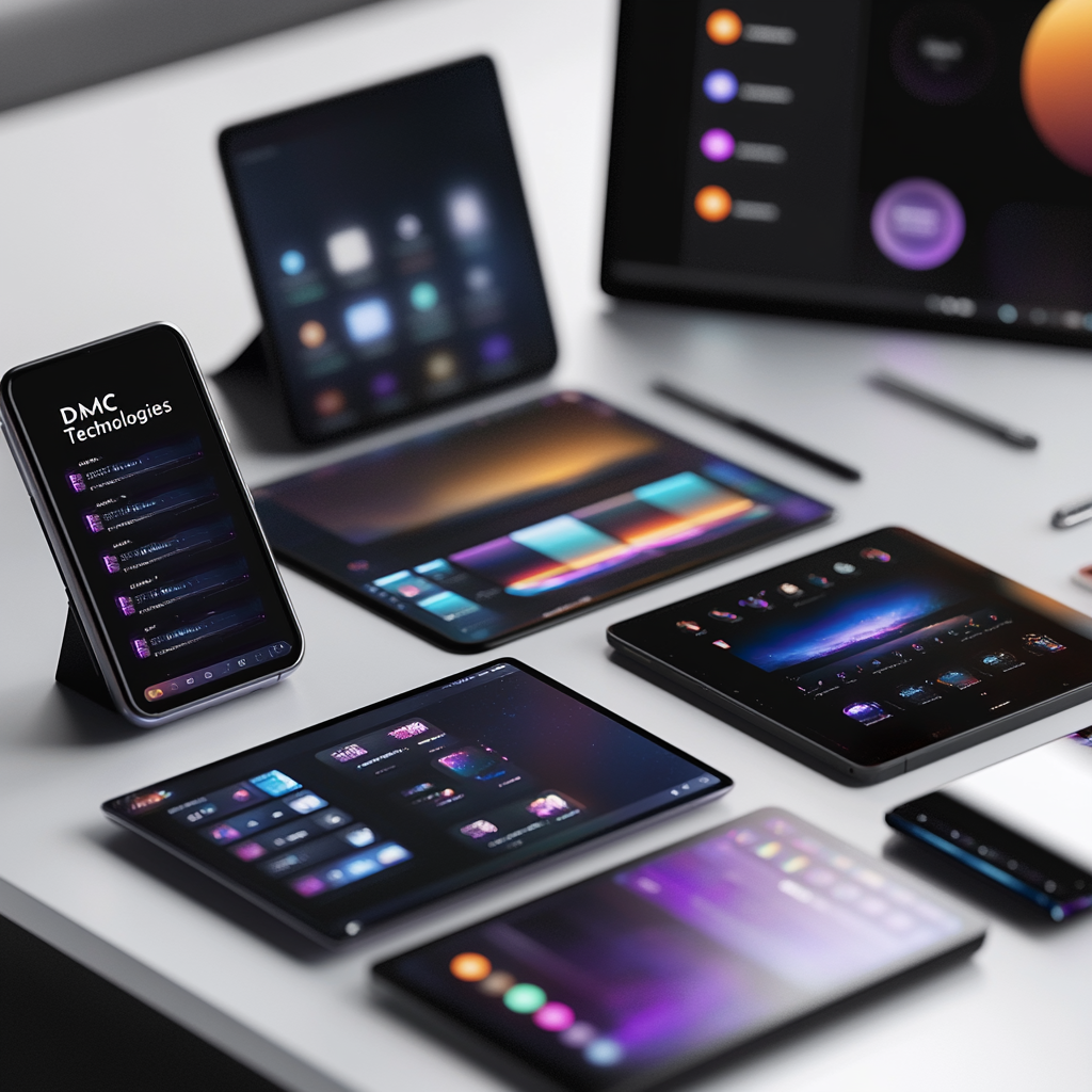 smartphone, laptop, tab on a table with DMC Technologie brand