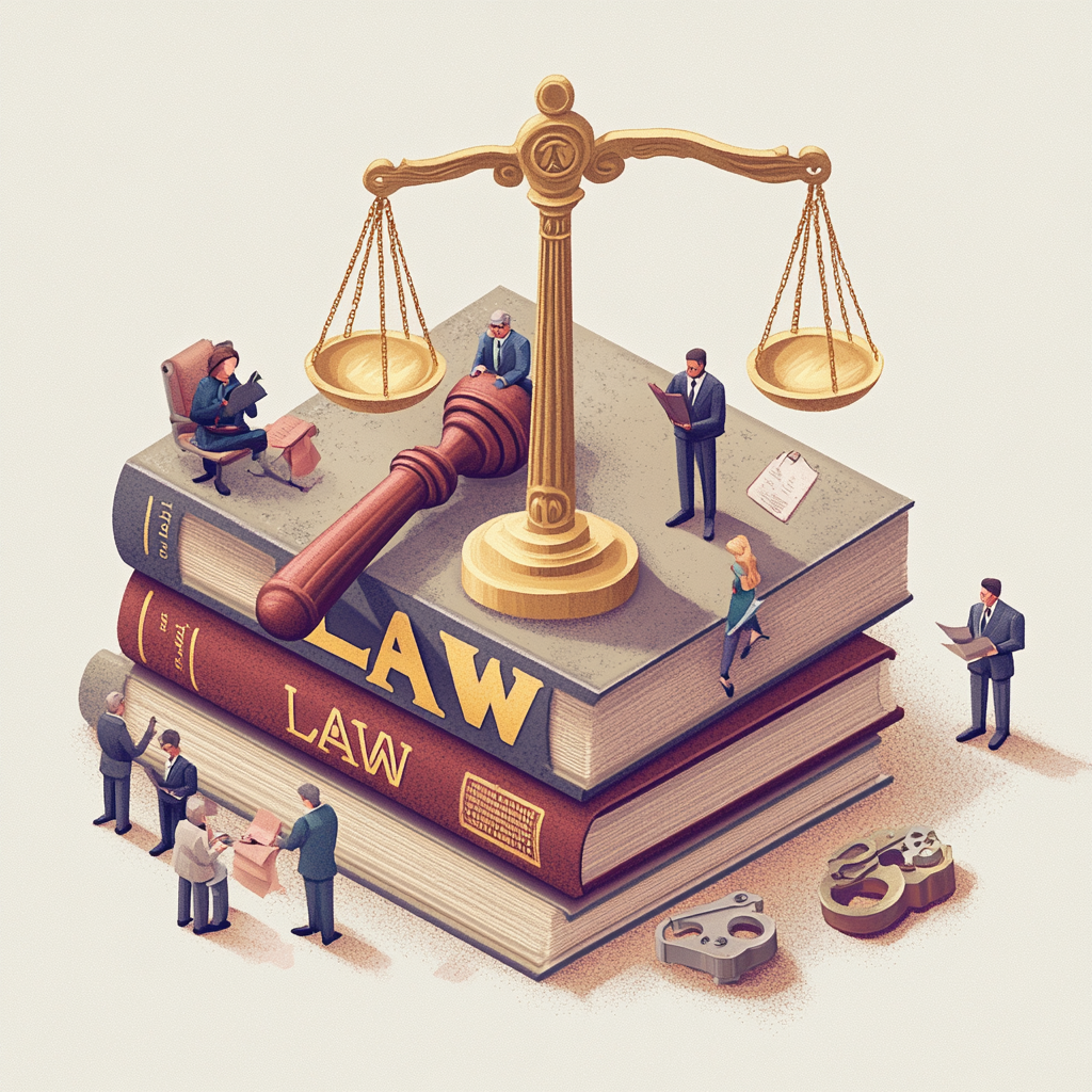 3 Giant Laws book. On them : lawyers and workers readin or working