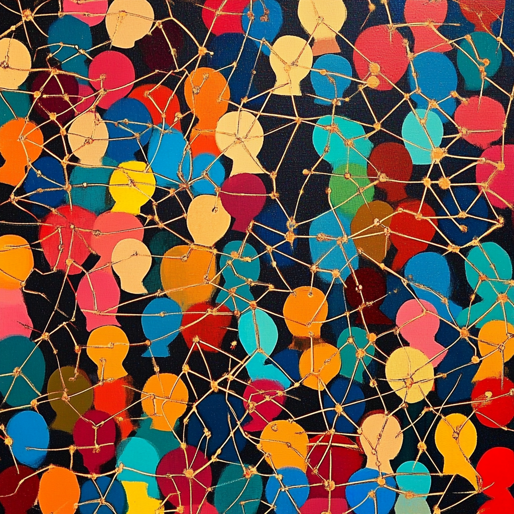 artistic image who show lot of colored circles like heads linked with others.