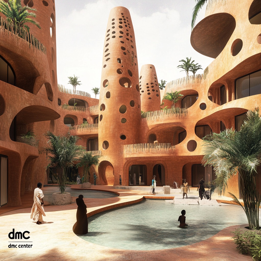 une cour avec des batiments futuristes ressemblant à Tombouctou avec une architecture en terre cuite.