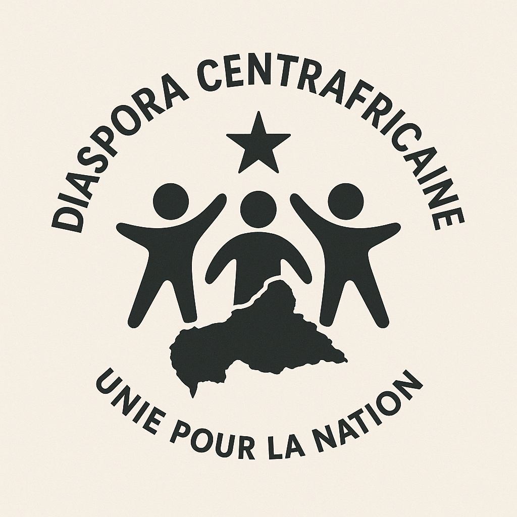 dessein d'une carte de la République Centrafricaine avec 3 personnes se donnant la main autour du pays touchant une étoile.En dessous les couleurs du pays. Et un texte qui encercle l'image : "Diaspora Centrafricaine - Unie pour la nation"
