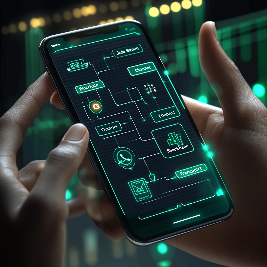 un smartphone avec un écran montrant une structure de groupe fonctionnel en mode matrix