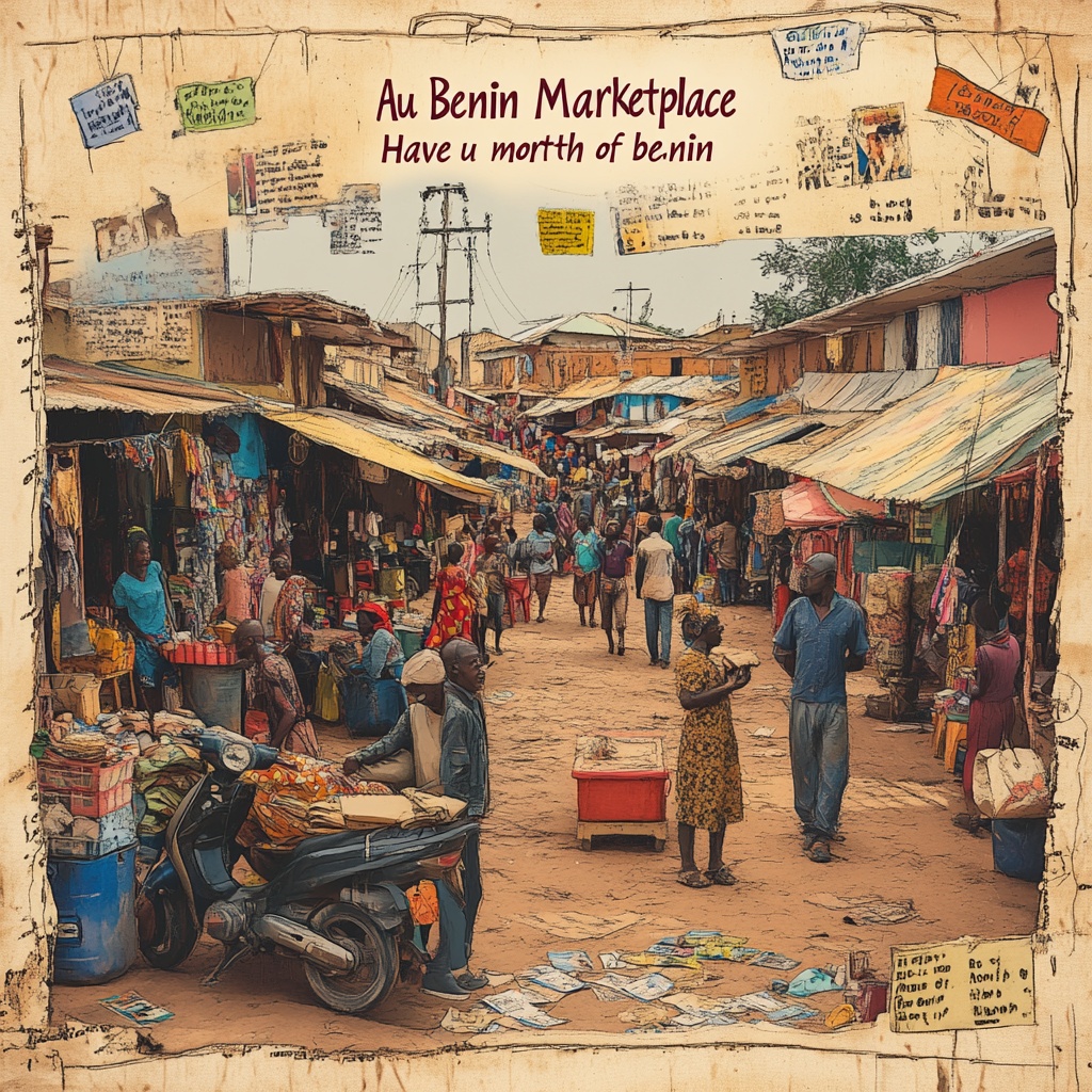 image IA d'une rue commerçante au Bénin avec des passants.