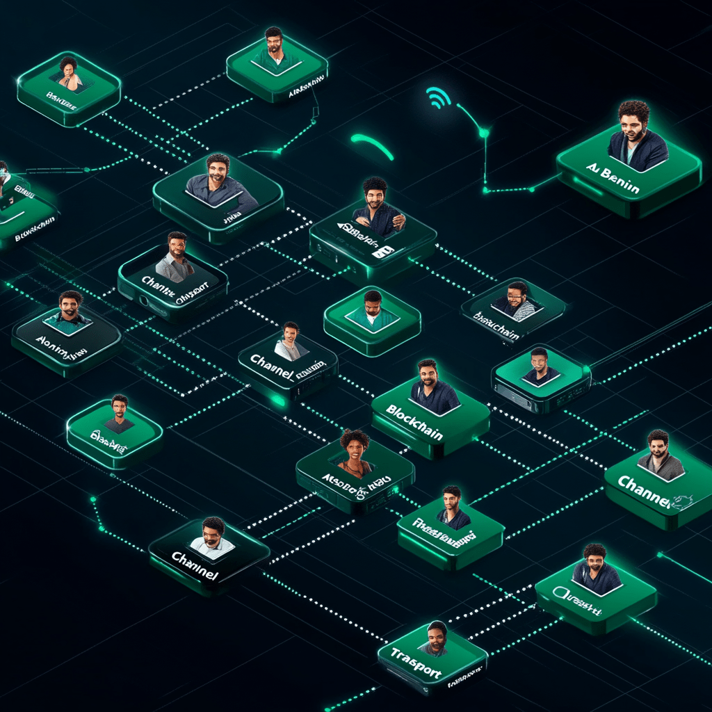 digital representation of block and people on it. They represent de interconnexion with the network.
We used green and black color to represent the matrix symbol.(do you know Matrix?!)