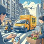 des usagers en train d'effectuerr avec un livreur une livraison