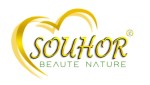 logo souhor avec écris SOUHOR en majuscule et un demi coeur coupé à l'horizontal au dessus de SOUH couleur doré