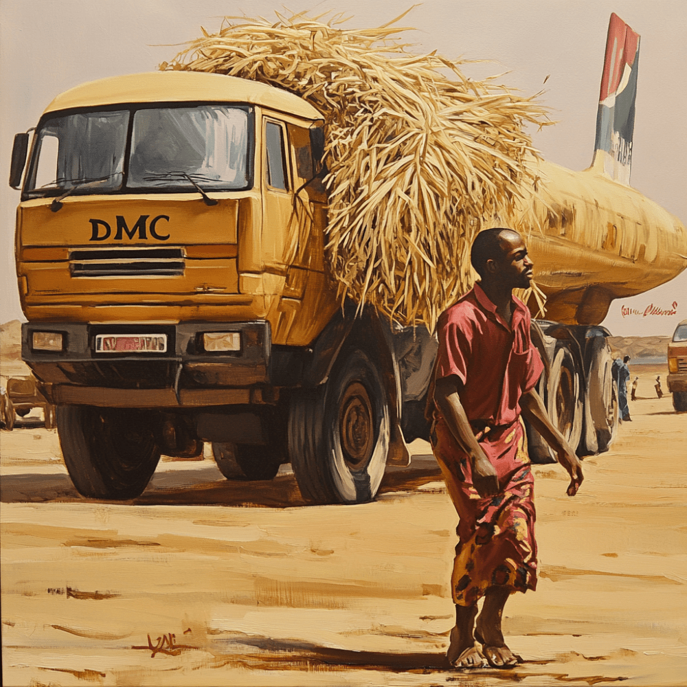 un camion rempli de foin devant un avion et un homme en short rouge et t-shirt rouge debout au 1er plan