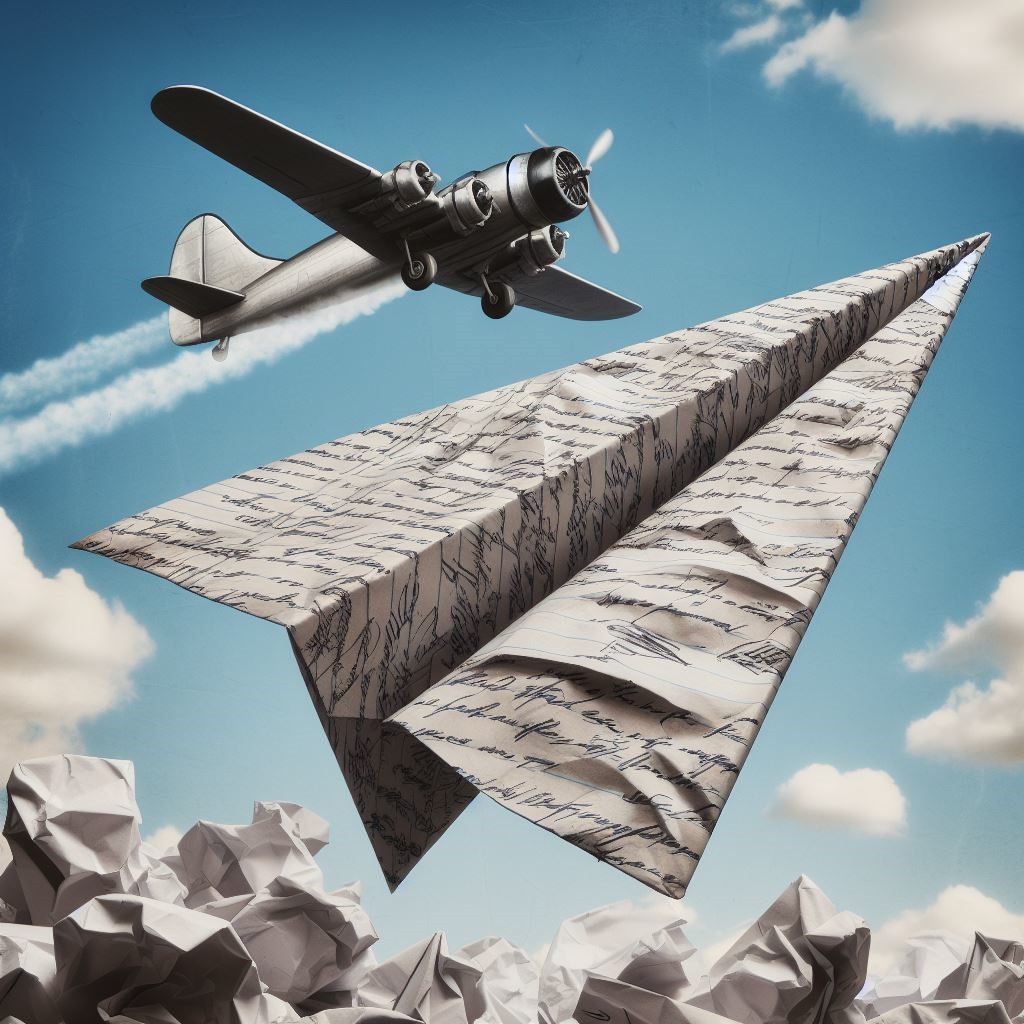 image ia d'un avion en papier dans le ciel à coté d'un avion léger à hélice 