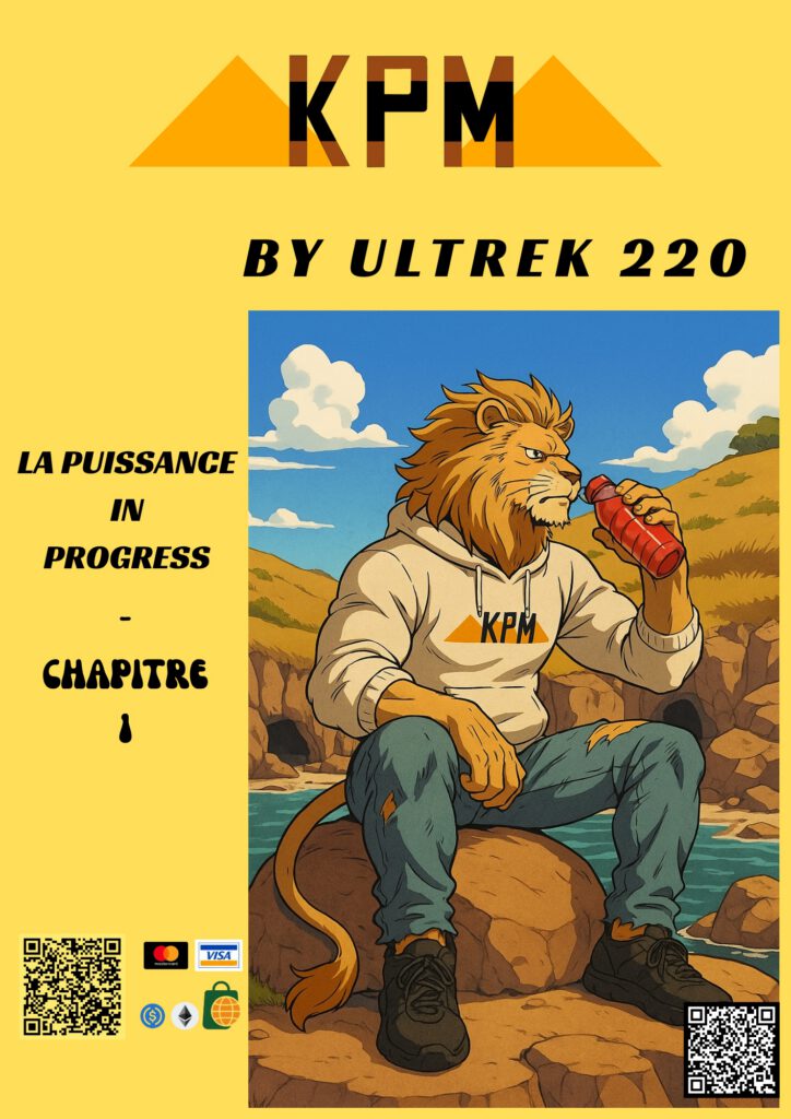 affiche commercial avec un homme lion assis en train de boire portant un t-shirt KPM