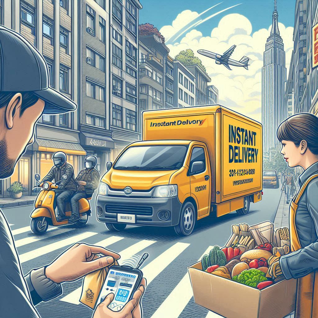 une livraison instantanée dans la rue avec un livreur qui approche un client avec un carton de fruit et légume