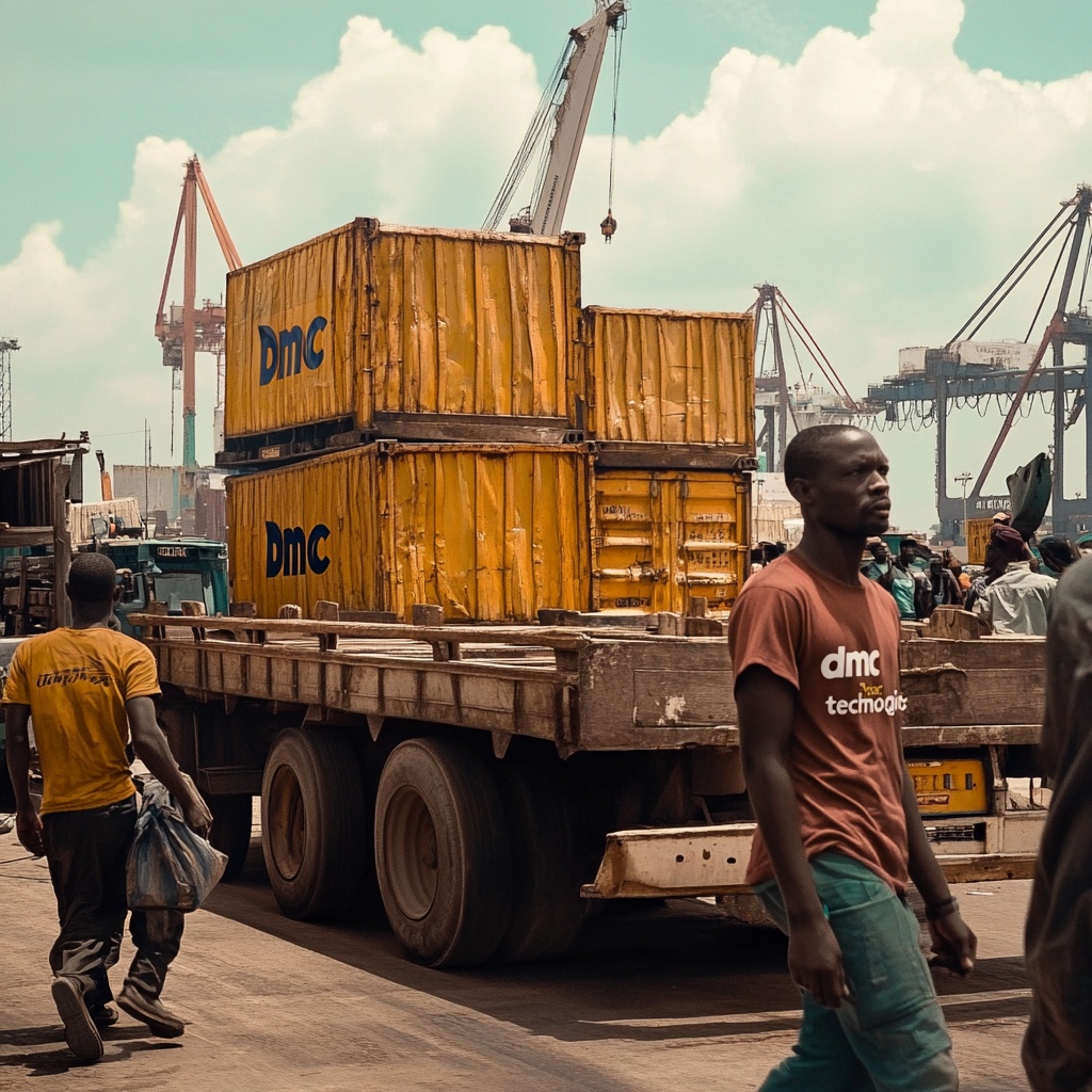 un port maritime avec des dockers DMC en arrière plan il y a des containers marqué DMC