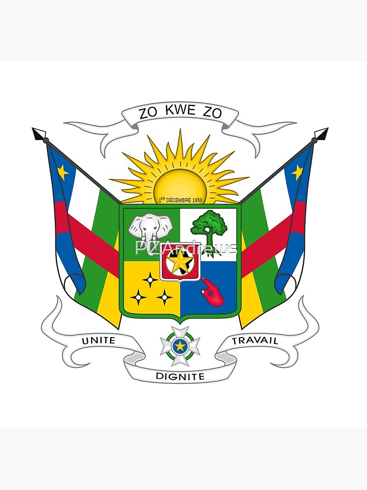 Écartelé : au premier quartier de sinople à la tête d'éléphant cendrée ; au deuxième d'argent au baobab au naturel ; au troisième, d'or à trois étoiles à quatre branches de sable au cœur perforé ; au quatrième d'azur à la main de sable pointant vers le coin supérieur dextre ; sur le tout, d'argent au pentacle d'or posé sur une carte d'Afrique de sable. Écu timbré d'un soleil naissant d'or. Cri : « ZO KWE ZO ». La Croix de l'Ordre du Mérite centrafricain est posé sur la devise « UNITÉ - DIGNITÉ - TRAVAIL » inscrite sur un listel d'azur; Le centre du blason représente le symbole du Mouvement pour l'évolution sociale de l'Afrique noire (M.E.S.A.N), le parti politique de Barthélemy Boganda, père de la patrie.