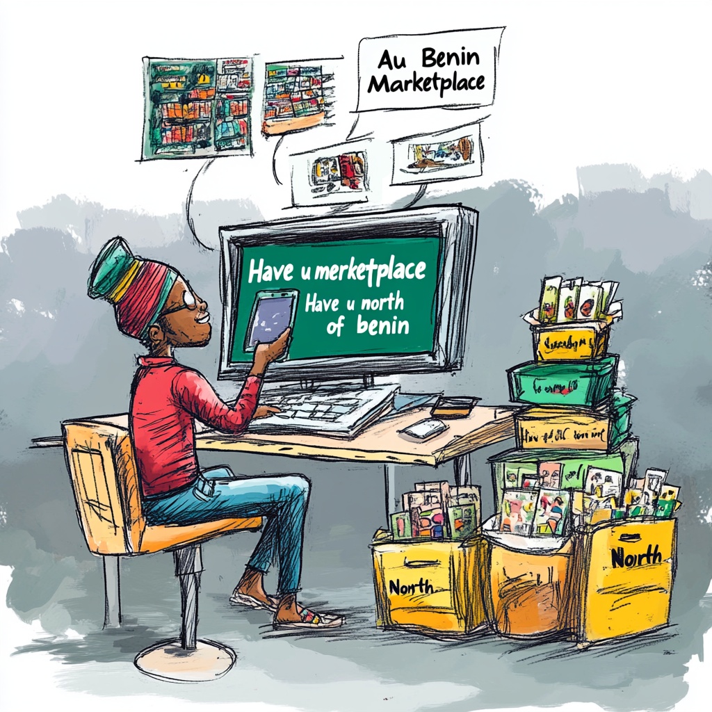 un homme assis sur un bureau avec un écran où il y a écrit Have u Met et le Marketplace a ses pieds il y a des brochures découvertes.