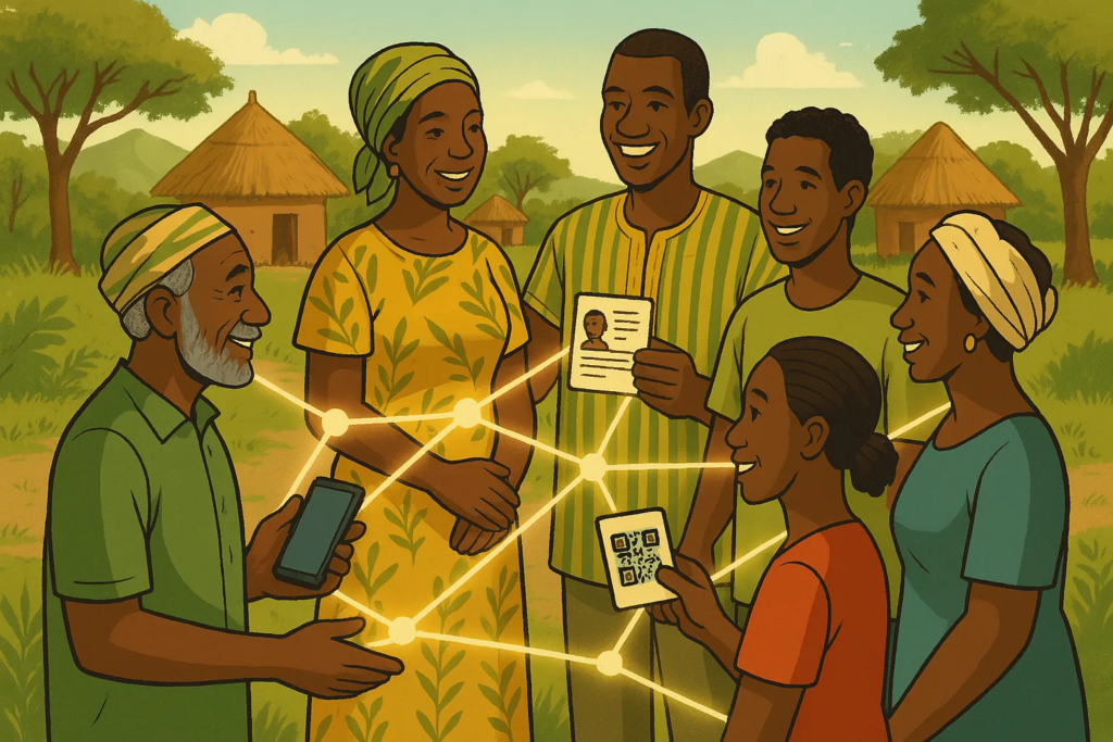 une famille de deux génération en cercle avec un téléphone ou une carte Id rappelant le lien digital