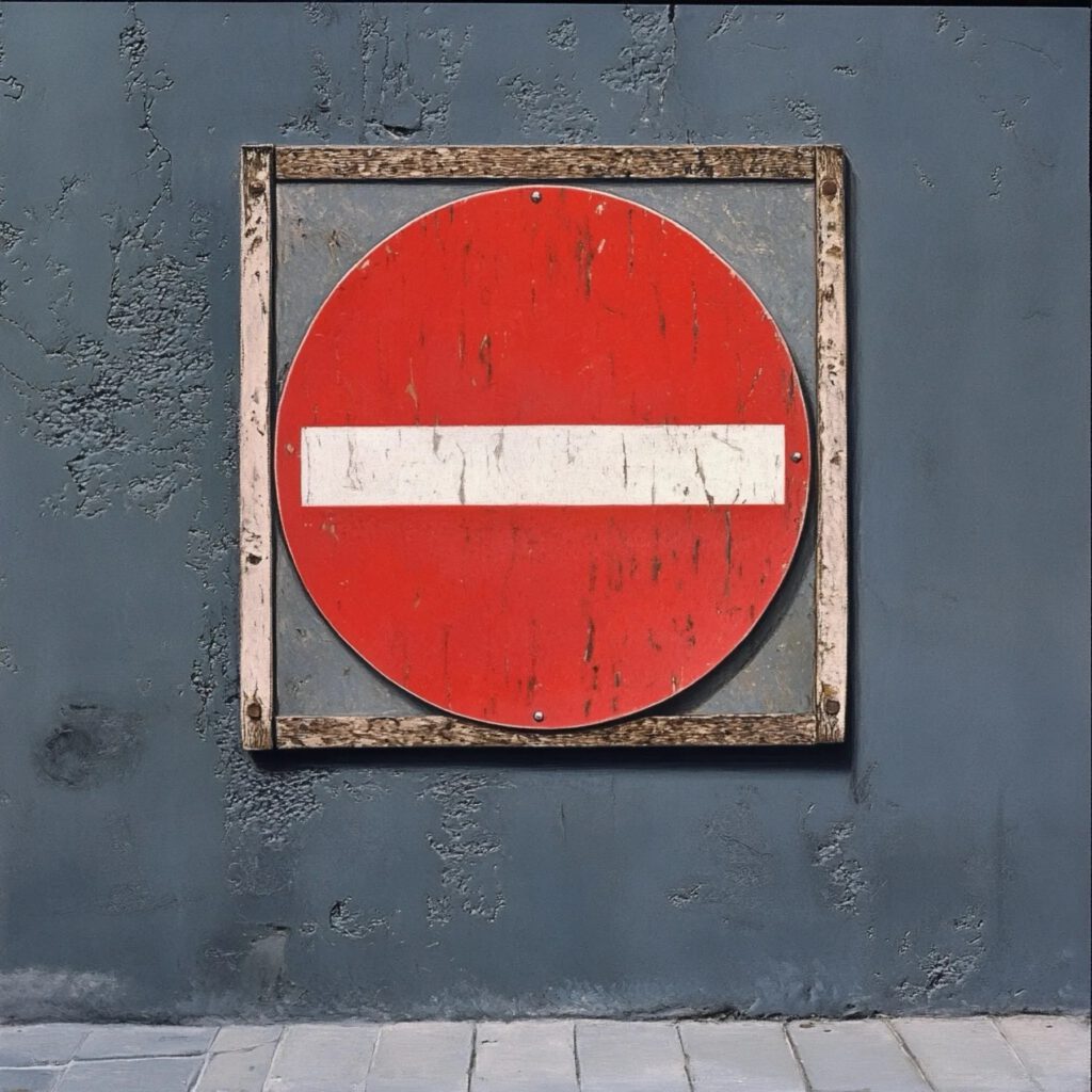 un panneau d'interdiction sur un mur gris