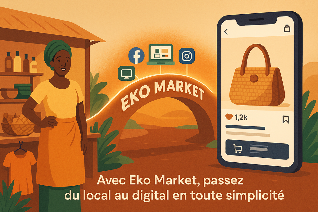 un dessin d'une femme noir devant un boutique avec un pont nommé Eko Market qui fait office de lien avec un smartphone géant sur lequel on peut voir un sac à main en vente sur une plateforme social. au dessus du pont il y a les icônes des réseaux sociaux instagram, Facebook, etc..